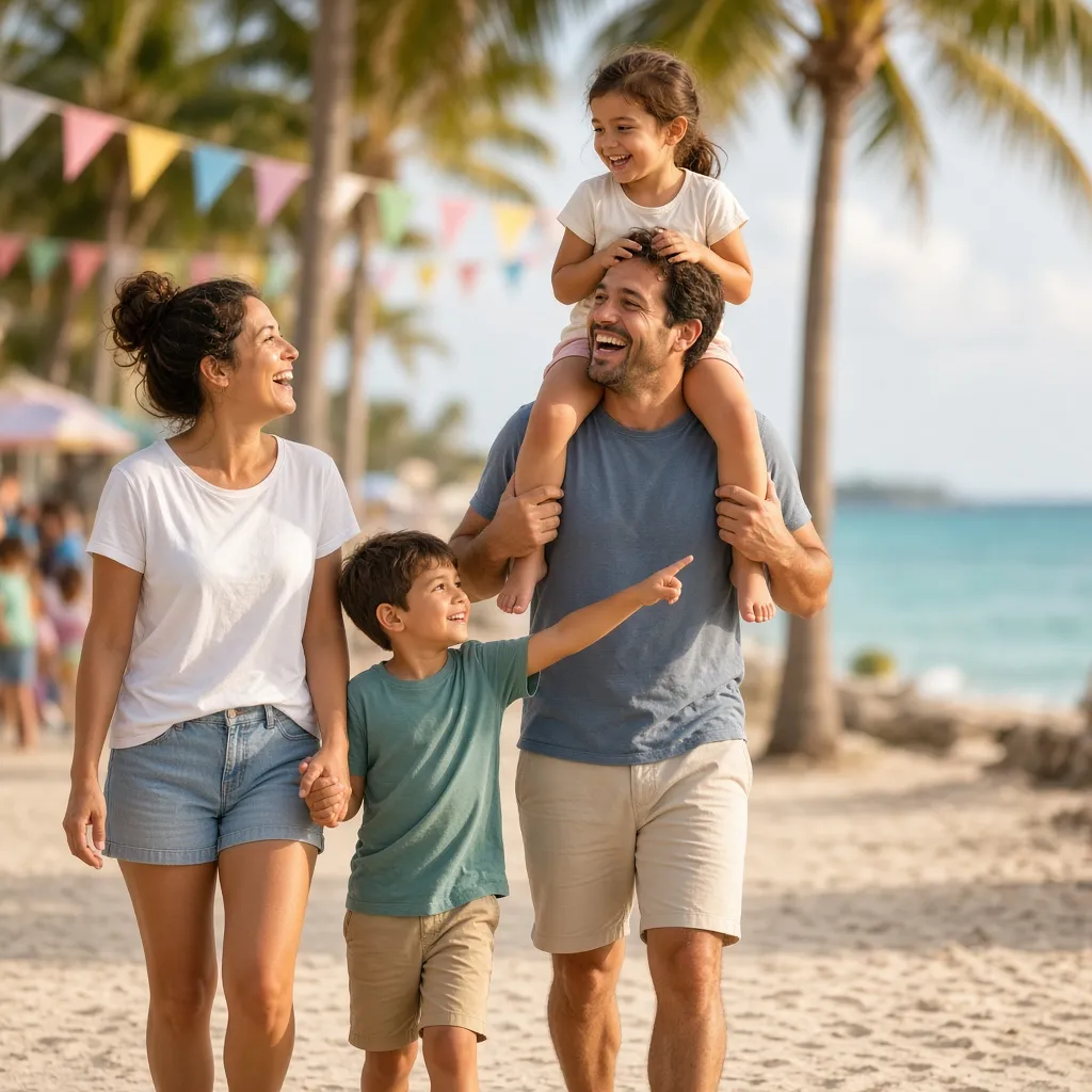 A laughing family at a beach community day, with a little girl riding on her dad's shoulders